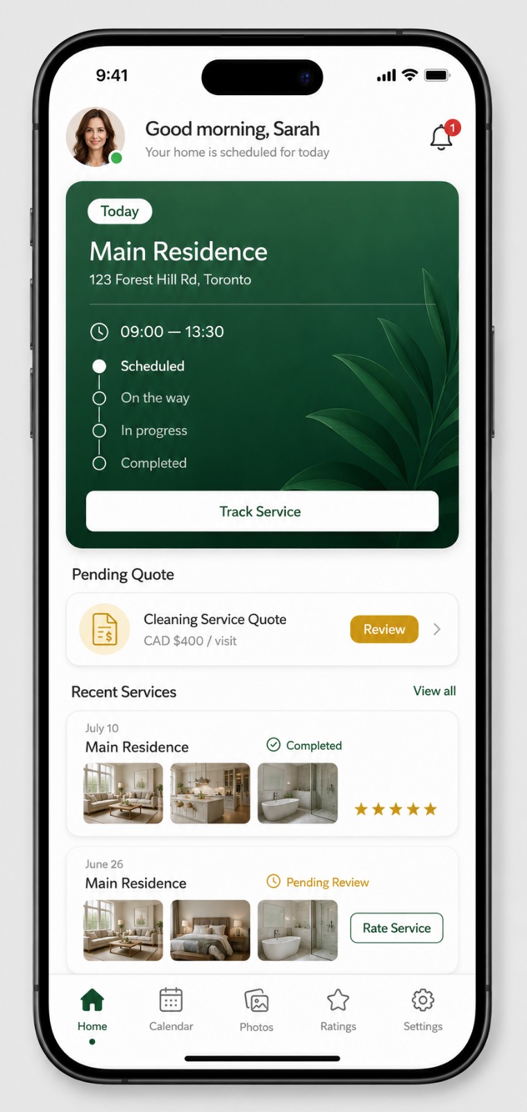 CleanSync Client app — live service tracking screen
